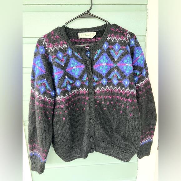 Vintage LL Bean mohair faire isle sweater 90s black fall winter holiday cardigan - Picture 1 of 8
